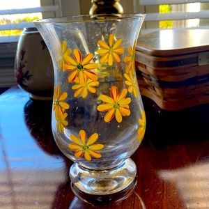 Clear glass vase with yellow/gold flowers with green middle.  Bundle and save $